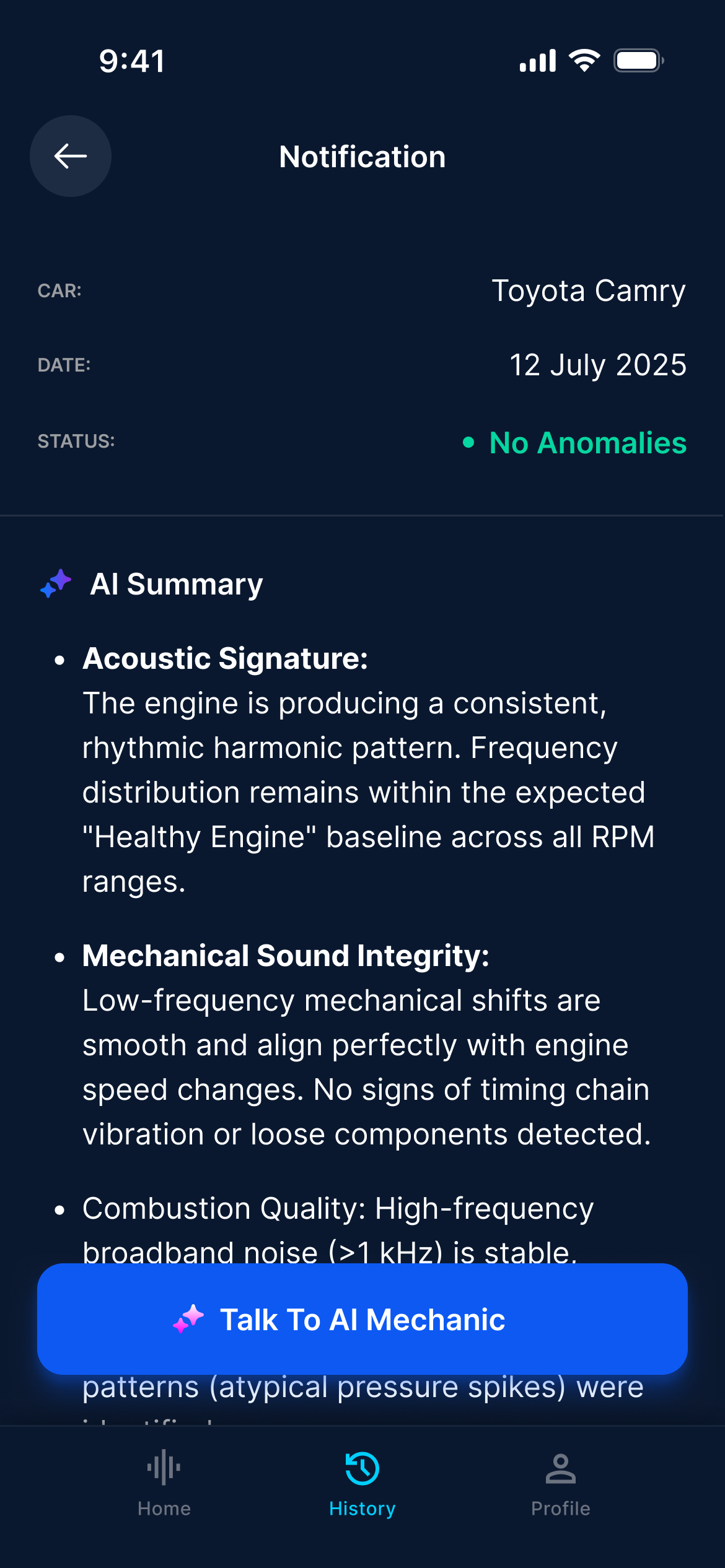 AI Mechanic example Toyota Camry report showing No Anomalies and an AI Summary
